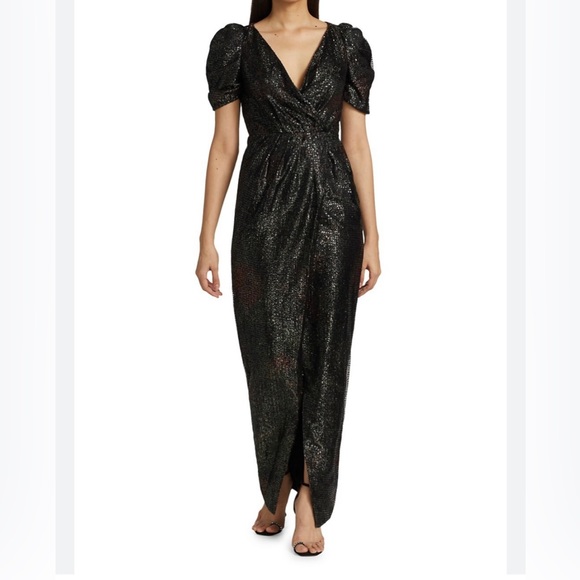 COPY - ML Monique Lhuillier - Printed Sequin Puff-Sleeve Gown - Picture 2 of 9